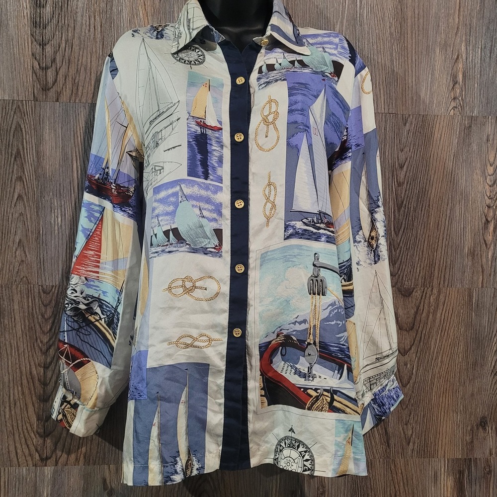 VTG Doncaster 100% Silk Button Up Blouse Sz L Relaxed Fit Nautical Sailing Boats